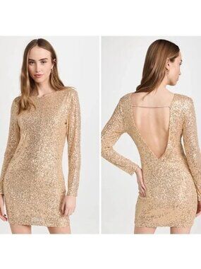 NWT WAYF Gold Sequin Open Back Long Sleeve Mini Dress Rhinestone Strap S